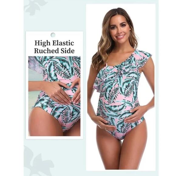 NWT Summer Mae's Maternity One Shoulder Flounce One Piece Bathing Suit Small - Picture 6 of 13